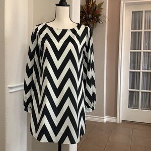 The Impeccable Pig ivory & black chevron print long sleeve sheer dress Size S